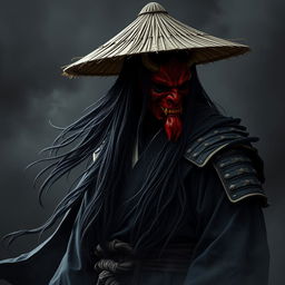 A shadowy figure named Kenji Hittori with long, flowing black hair reaching his waist, wearing a weathered straw hat and a dramatic red Oni mask featuring a fierce, stoic expression
