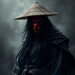 A shadowy figure named Kenji Hittori with long, flowing black hair reaching his waist, wearing a weathered straw hat and a dramatic red Oni mask featuring a fierce, stoic expression
