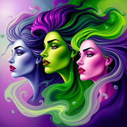 An abstract representation of women characterized by the themes of 'gas' and 'acidity', illustrating powerful and dynamic figures with a sense of energy and movement