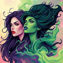 An abstract representation of women characterized by the themes of 'gas' and 'acidity', illustrating powerful and dynamic figures with a sense of energy and movement