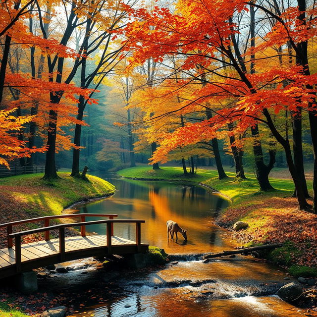 A serene landscape of a tranquil forest during autumn, featuring vibrant orange, red, and yellow leaves falling gently from the trees