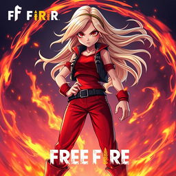 A dynamic character inspired by the game Free Fire, featuring a fierce girl with flowing blonde hair and striking red eyes