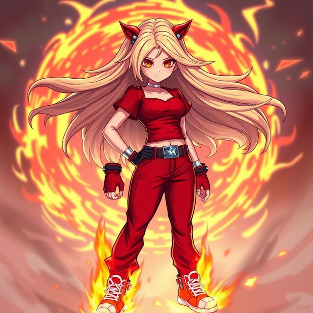 A dynamic character inspired by the game Free Fire, featuring a fierce girl with flowing blonde hair and striking red eyes