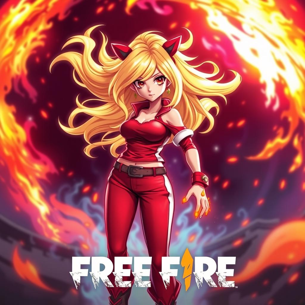 A dynamic character inspired by the game Free Fire, featuring a fierce girl with flowing blonde hair and striking red eyes