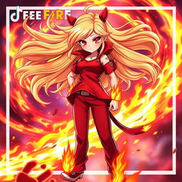 A dynamic character inspired by the game Free Fire, featuring a fierce girl with flowing blonde hair and striking red eyes