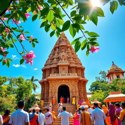 A vibrant and colorful depiction of Khatu, featuring intricate architectural details of the Khatu Shyam temple, surrounded by lush greenery and blooming flowers under a clear blue sky