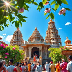 A vibrant and colorful depiction of Khatu, featuring intricate architectural details of the Khatu Shyam temple, surrounded by lush greenery and blooming flowers under a clear blue sky