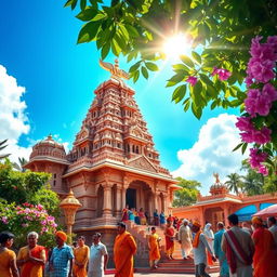 A vibrant and colorful depiction of Khatu, featuring intricate architectural details of the Khatu Shyam temple, surrounded by lush greenery and blooming flowers under a clear blue sky