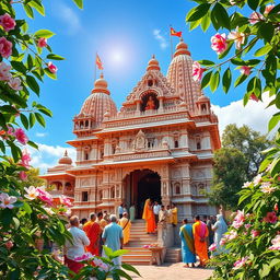 A vibrant and colorful depiction of Khatu, featuring intricate architectural details of the Khatu Shyam temple, surrounded by lush greenery and blooming flowers under a clear blue sky