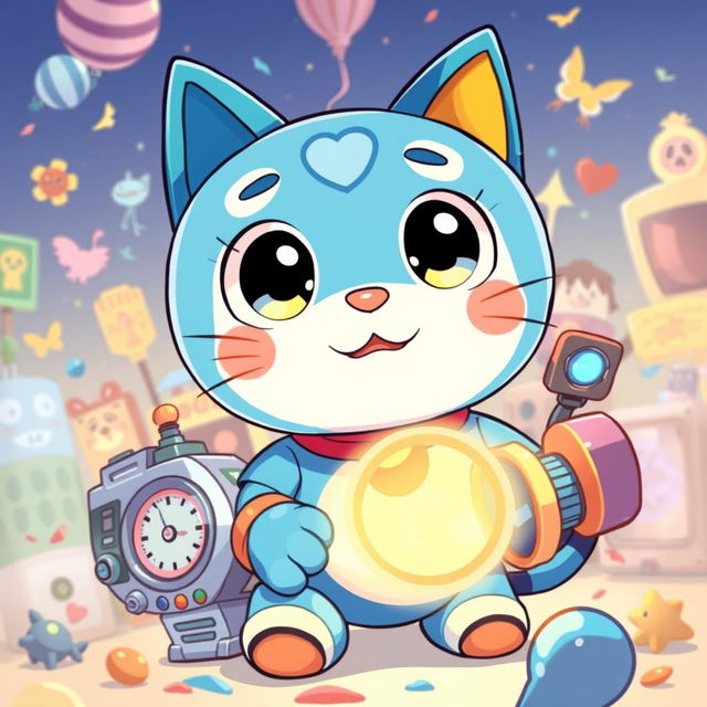 A vibrant and playful illustration of a cartoon robotic cat named Doreamon, featuring its signature blue color and round face with large, expressive eyes