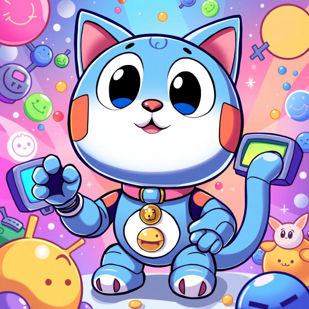 A vibrant and playful illustration of a cartoon robotic cat named Doreamon, featuring its signature blue color and round face with large, expressive eyes