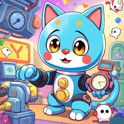 A vibrant and playful illustration of a cartoon robotic cat named Doreamon, featuring its signature blue color and round face with large, expressive eyes