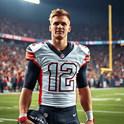 A 22-year-old tall and handsome white American male professional NFL football player, standing confidently on a football field