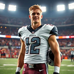 A 22-year-old tall and handsome white American male professional NFL football player, standing confidently on a football field