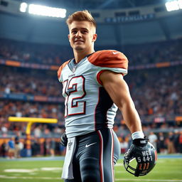 A 22-year-old tall and handsome white American male professional NFL football player, standing confidently on a football field
