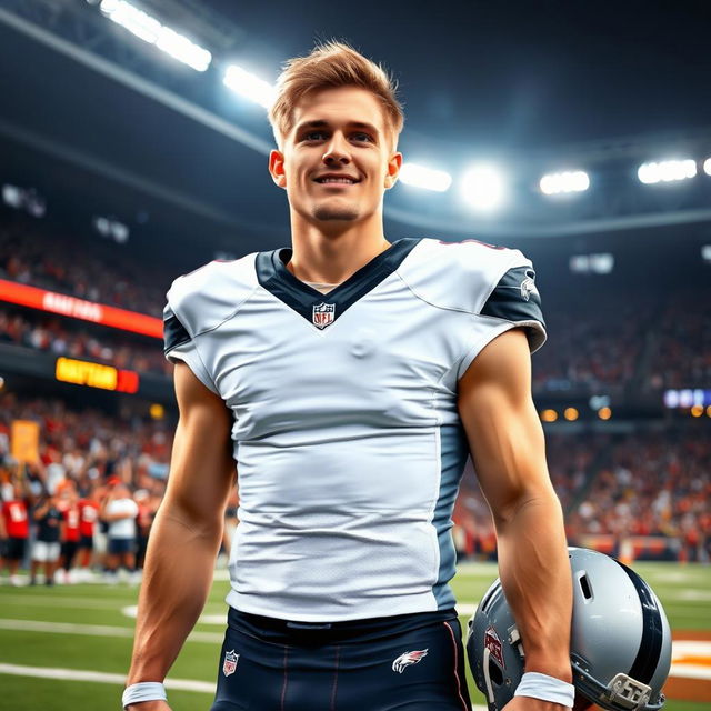 A 22-year-old tall and handsome white American male professional NFL football player, standing confidently on a football field