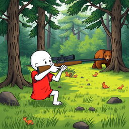 A whimsical cartoon character, depicted as a white figure wearing a vibrant red T-shirt, is stealthily positioning itself to take aim with a sniper rifle at a bear in a lush, green forest