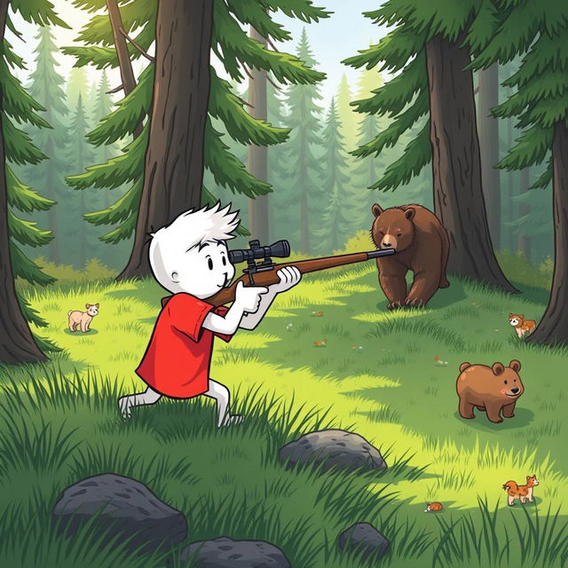 A whimsical cartoon character, depicted as a white figure wearing a vibrant red T-shirt, is stealthily positioning itself to take aim with a sniper rifle at a bear in a lush, green forest