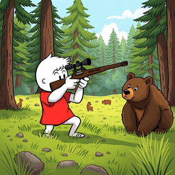 A whimsical cartoon character, depicted as a white figure wearing a vibrant red T-shirt, is stealthily positioning itself to take aim with a sniper rifle at a bear in a lush, green forest