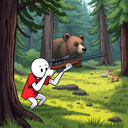 A whimsical cartoon character, depicted as a white figure wearing a vibrant red T-shirt, is stealthily positioning itself to take aim with a sniper rifle at a bear in a lush, green forest