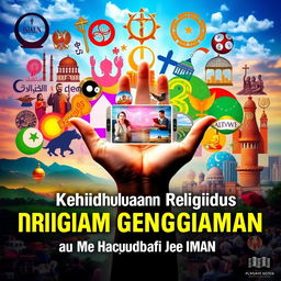 A visually stunning poster depicting a vibrant collage of different religious symbols representing various faiths such as Islam, Christianity, Hinduism, Buddhism, and Judaism