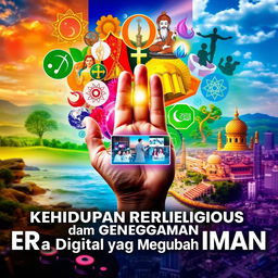 A visually stunning poster depicting a vibrant collage of different religious symbols representing various faiths such as Islam, Christianity, Hinduism, Buddhism, and Judaism