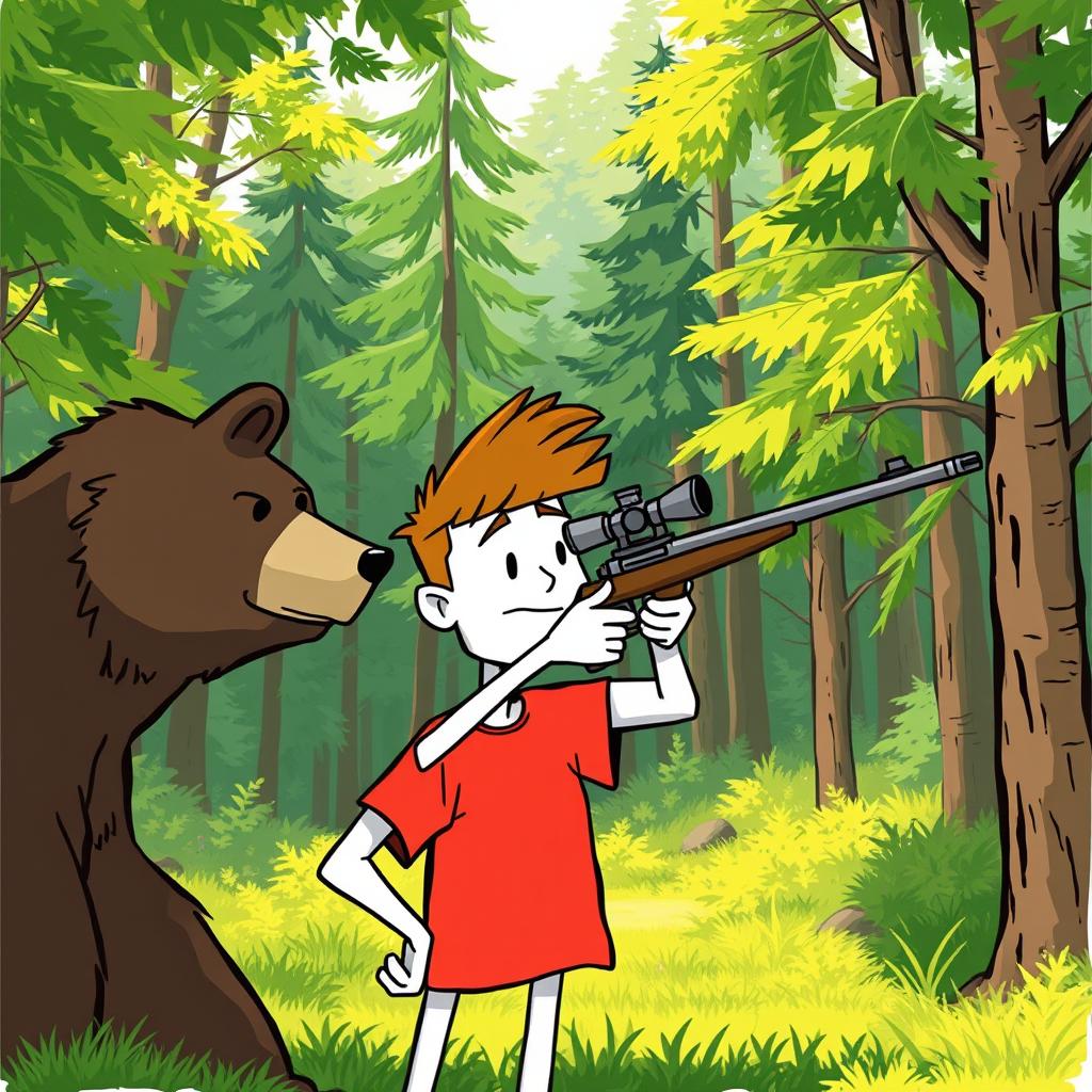 A cartoon character with a white body and a red t-shirt, confidently aiming a sniper rifle at a bear's head in a dense, lush forest setting