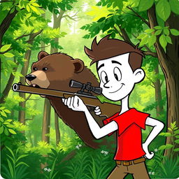 A cartoon character with a white body and a red t-shirt, confidently aiming a sniper rifle at a bear's head in a dense, lush forest setting