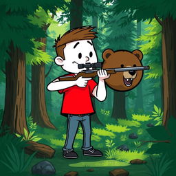 A cartoon character with a white body and a red t-shirt, confidently aiming a sniper rifle at a bear's head in a dense, lush forest setting