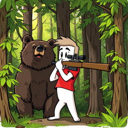 A cartoon character with a white body and a red t-shirt, confidently aiming a sniper rifle at a bear's head in a dense, lush forest setting