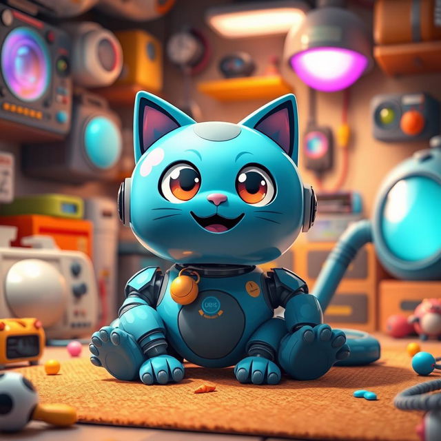 A stylized, whimsical interpretation of a futuristic cat robot resembling a blue, round cat with an inviting smile, sitting in a cozy room filled with gadgets and toys