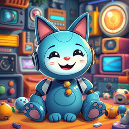 A stylized, whimsical interpretation of a futuristic cat robot resembling a blue, round cat with an inviting smile, sitting in a cozy room filled with gadgets and toys