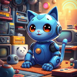 A stylized, whimsical interpretation of a futuristic cat robot resembling a blue, round cat with an inviting smile, sitting in a cozy room filled with gadgets and toys