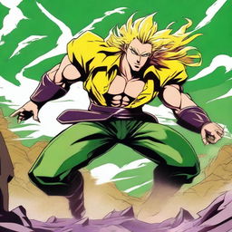 A high-quality digital art illustration of Dio Brando from JoJo's Bizarre Adventure, accompanied by his Stand, The World