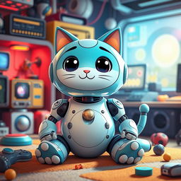 A stylized, whimsical interpretation of a futuristic cat robot resembling a blue, round cat with an inviting smile, sitting in a cozy room filled with gadgets and toys