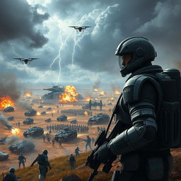 An epic war scene depicting a futuristic battlefield, with advanced technology and diverse soldiers engaged in combat
