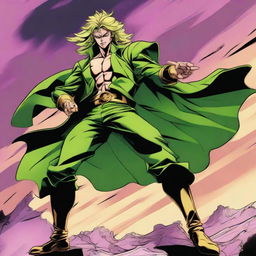 A high-quality digital art illustration of Dio Brando from JoJo's Bizarre Adventure, accompanied by his Stand, The World