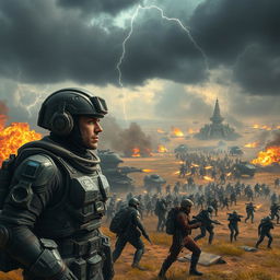 An epic war scene depicting a futuristic battlefield, with advanced technology and diverse soldiers engaged in combat