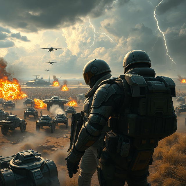 An epic war scene depicting a futuristic battlefield, with advanced technology and diverse soldiers engaged in combat