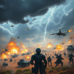 An epic war scene depicting a futuristic battlefield, with advanced technology and diverse soldiers engaged in combat