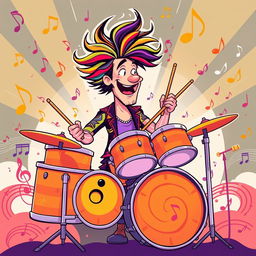 An illustration of a man playing drums in a style inspired by the initial images generated for the request 'Draw a picture of a rocker playing an electric guitar in IncrediBox style