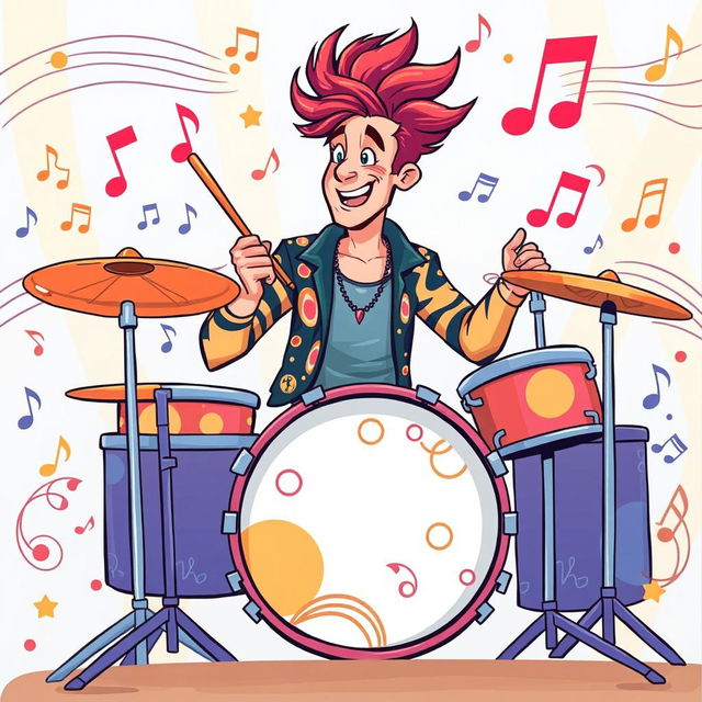 An illustration of a man playing drums in a style inspired by the initial images generated for the request 'Draw a picture of a rocker playing an electric guitar in IncrediBox style