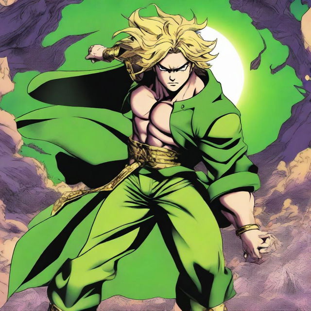 A high-quality digital art illustration of Dio Brando from JoJo's Bizarre Adventure, accompanied by his Stand, The World