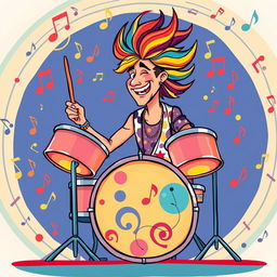 An illustration of a man playing drums in a style inspired by the initial images generated for the request 'Draw a picture of a rocker playing an electric guitar in IncrediBox style