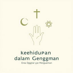 A minimalist poster showcasing the theme 'Kehidupan Religius dalam Genggaman: Era Digital yang Mengubah Iman', focusing on the concept of tolerance among different religions
