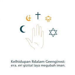 A minimalist poster showcasing the theme 'Kehidupan Religius dalam Genggaman: Era Digital yang Mengubah Iman', focusing on the concept of tolerance among different religions