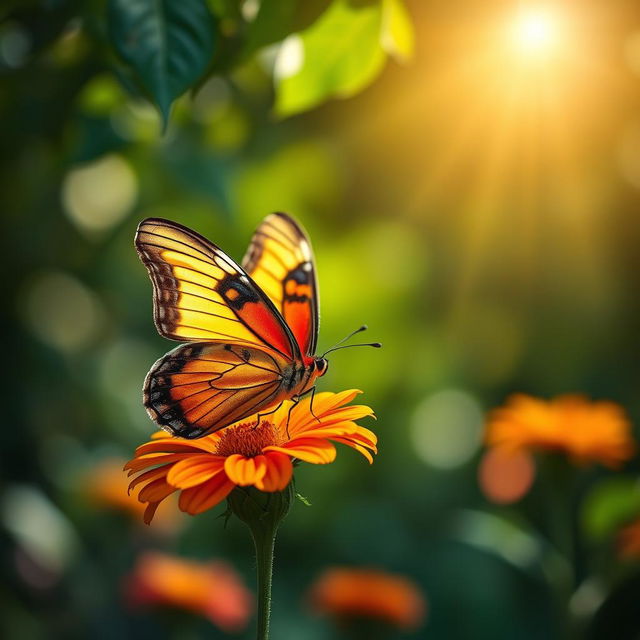 A stunning, realistic photograph of a vibrant butterfly perched delicately on a colorful flower in a lush, green natural setting