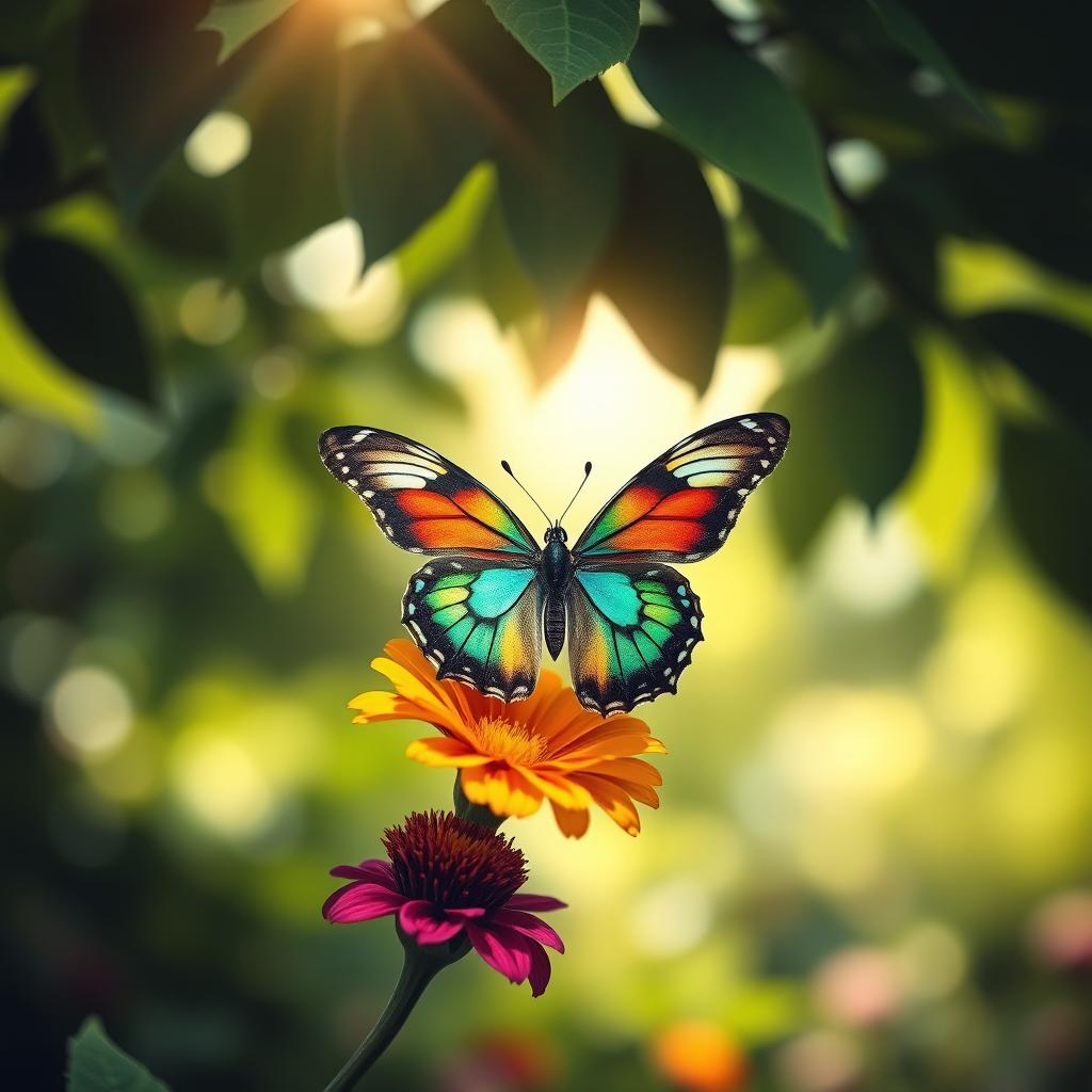 A stunning, realistic photograph of a vibrant butterfly perched delicately on a colorful flower in a lush, green natural setting