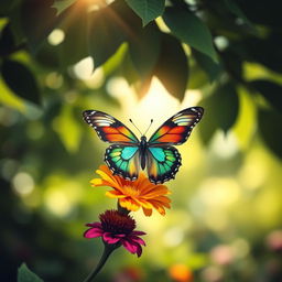 A stunning, realistic photograph of a vibrant butterfly perched delicately on a colorful flower in a lush, green natural setting