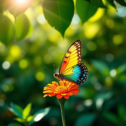 A stunning, realistic photograph of a vibrant butterfly perched delicately on a colorful flower in a lush, green natural setting